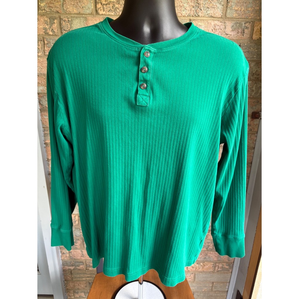 Lands End Mens Green Ribbed Cotton Long Sleeve Henley Shirt Size L 42-44